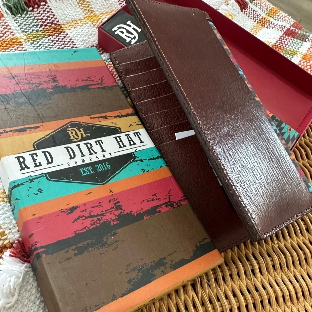 New Red Dirt Western Wallet Mens Rodeo Leather Southwestern Canvas Inlay Aztec